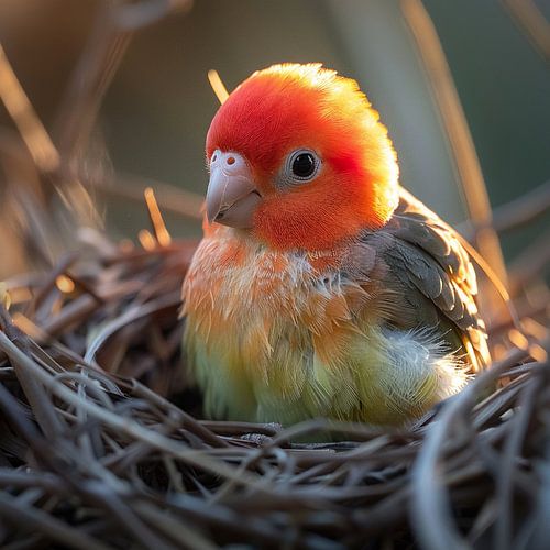 Adorable petit inséparable dans son nid au lever du soleil