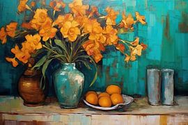 Das Flammengeflüster | Stillleben mit Rostorange, Teal und Goldrute. von Blickfänger Gemälde