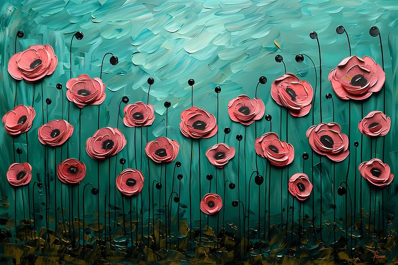 Abstracte kleurrijke bloemen in groen veld van Art & Soul Creations