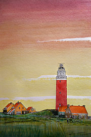 Leuchtturm von Eierland bei Sonnenaufgang | Texel | Handgemaltes Aquarell
