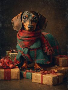 Ölporträt eines Dackels mit Schal zwischen Weihnachtsgeschenken