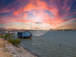 Die Lagunen von Comacchio mit Fischerhütte und Fischernetz im Sonnenuntergang von Animaflora PicsStock