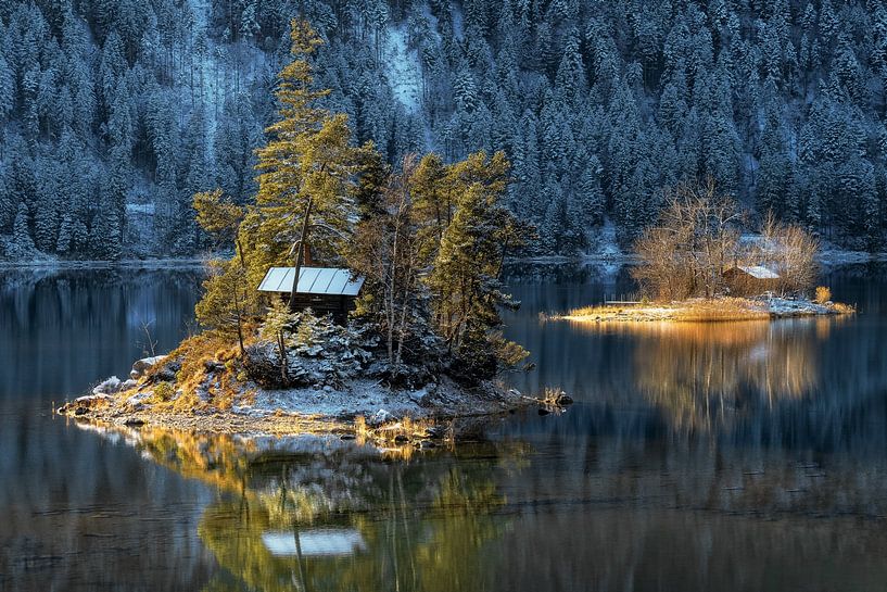 Islands Schönbichl and Braxeninsel on the lake Eibsee in Bavaria at the foot of the Zugspitze with s by Daniel Pahmeier