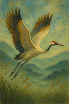 Elegant in Vlucht: De Kraanvogel in een Dromerig Landschap van But First Framing