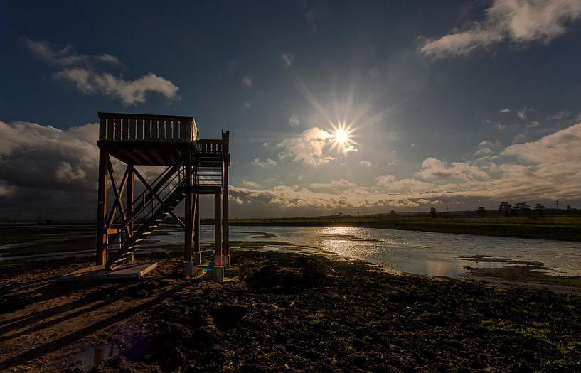 Binnenveld met uitkijktoren tijdens lage zon van Eric Wander