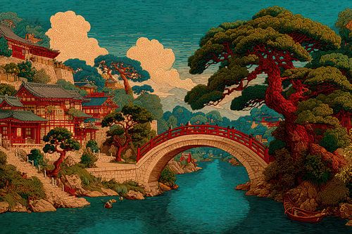japanse kunst brug met huizen