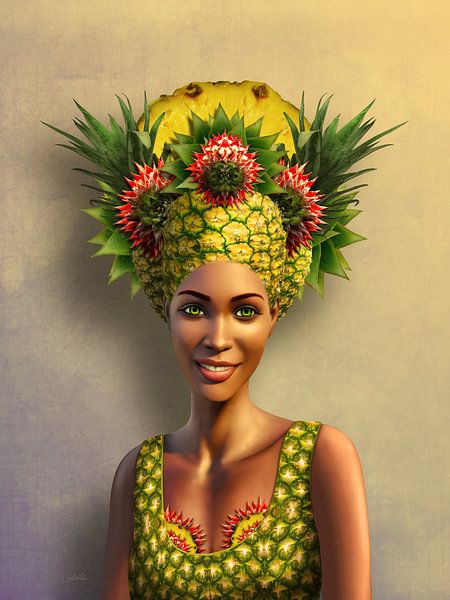 Karibische Frau mit Ananas als surreales Portrait von Britta Glodde