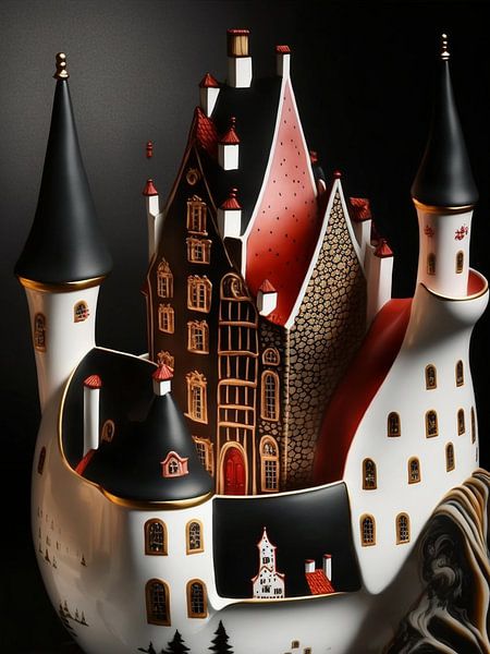 Miniature castle rock surreal porcelain white black red old by gm_designs