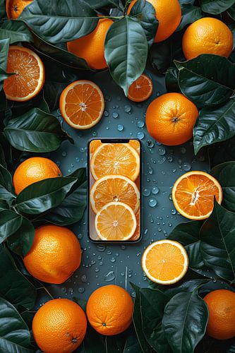 Minimalistisch stilleven met fruit en telefoon