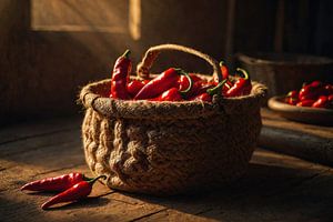 Panier de jute rempli de poivrons rouges sur Jan Bouma