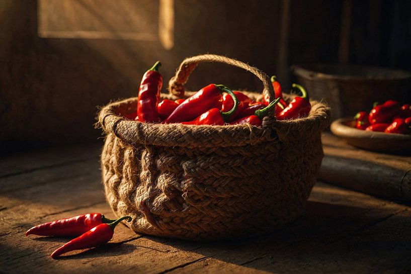 Jute basket filled with red peppers by Jan Bouma