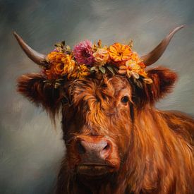 Schottischer Highlander mit Blumenkrone in warmen Farbtönen von But First Framing
