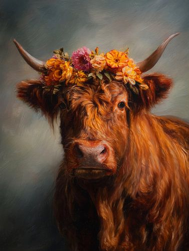 Highlander écossais avec couronne de fleurs dans des tons chauds sur But First Framing