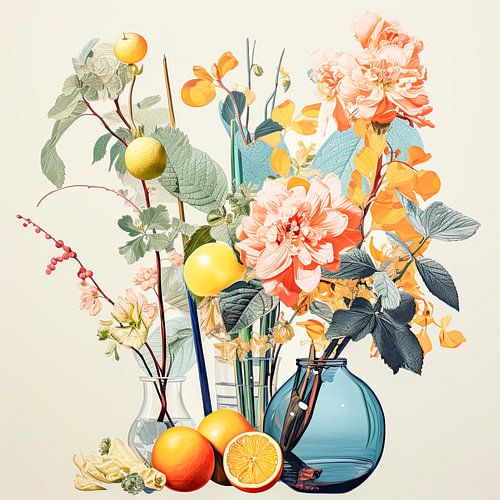 Summer still life with flowers and lemons