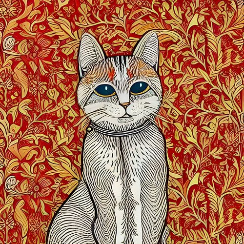 Kater met de decoratieve achtergrond, beige, rood, patronen - illustratieve tekening van een kat