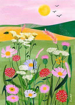 Geflapte bloemen met roze lucht landschap van Baroo Bloom