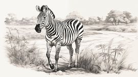 Zebra läuft auf einem Feld, Zeichnung, Zebra-Bleistiftzeichnung im Vintage-Stil.