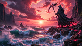 Dark Fantasy Art Wandbild: MORTAVEN - Der Sensenmann blickt auf den Sonnenuntergang von INFERAURUM - Dark Fantasy Wall Art