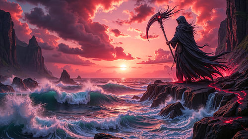 Dark Fantasy Art Wandbild: MORTAVEN - Der Sensenmann blickt auf den Sonnenuntergang