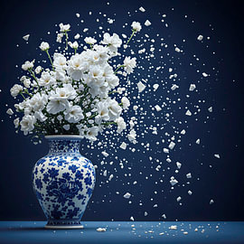Ein Porträt einer Delfter-Blau-Vase mit dynamisch im Wind wehenden Porzellanblumen in Scherben von Studio Jet