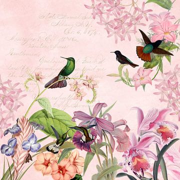 Tropische Vögel im Pink  Blüten-Dschungel von Floral Abstractions