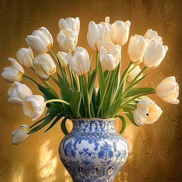 Weiße Tulpen in delfterblauer Vase - Stillleben von Vlindertuin Art