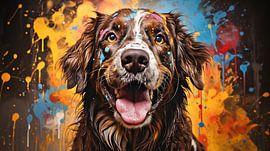 Gemälde eines Hundegesichts mit bunten Farbspritzern