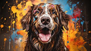 Schilderij van een hondengezicht met kleurrijke verfspatten van Animaflora PicsStock