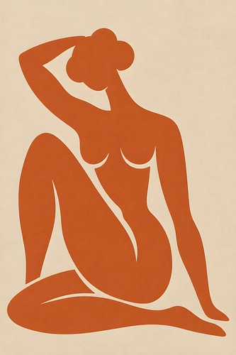 Von Matisse inspirierte Aktkunst, weibliche Silhouette aus Terrakotta, minimalistische abstrakte Frau, modernes Figurenbild