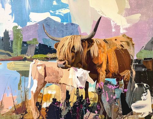 Schotse hooglander - figuratief roze blauw geel en zwart