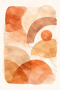 Tableau abstrait à l'aquarelle sur fond terre cuite – Peinture géométrique moderne et minimaliste pour une décoration d'intérieur aux tons neutres et chaleureux