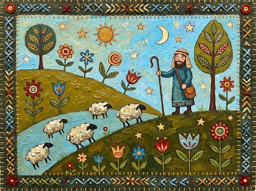 Illustration d'art populaire représentant un berger gardant ses moutons dans un paysage
