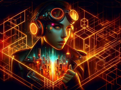 Jonge vrouw met hoofd telefoon en goggles in een zweverige sfeer