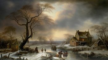 Dutch winter landscape painting with old farmhouse