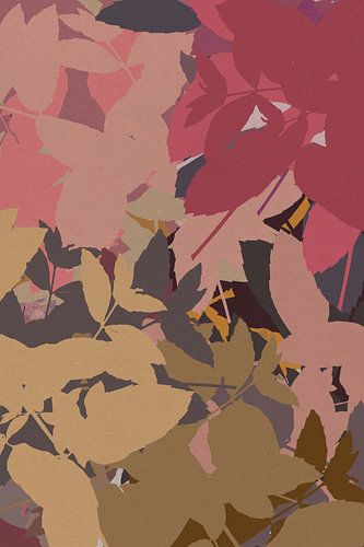 Kleurrijke abstracte botanische kunst. Bladeren in warm grijs, roze, geel, groen.