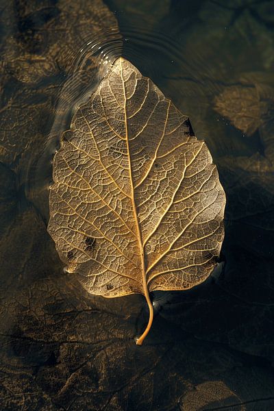 Blad met gouden nerven drijft op donker water van Art & Soul Creations