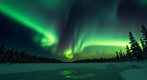 Noorderlicht reflectie in het winterse bos - Premium wanddecoratie