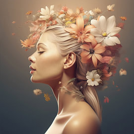 A strong woman, seen from the side, with flowers growing out of her hair by Patricia Hofmeester
