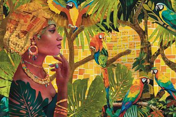 Dame africaine avec perroquets et poésie