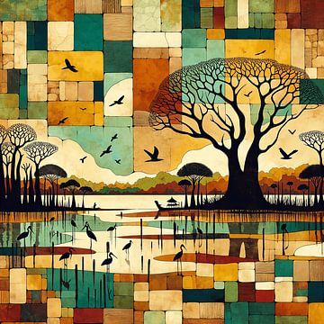 Collage/compositie van lagune cq vogelreservaat in Senegal van Lois Diallo