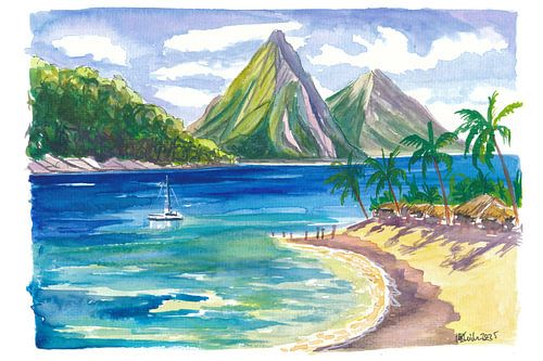 Saint Lucia Pitons au-dessus d'une baie calme avec plage
