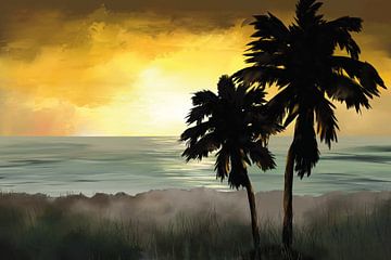 Twee palmbomen op een strand bij zonsondergang