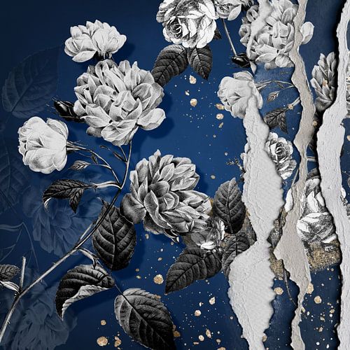 Paper, Gold & Roses (on Blue) by Marja van den Hurk