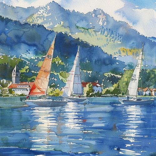 Aquarel berglandschap meer zeilboten bergen bossen