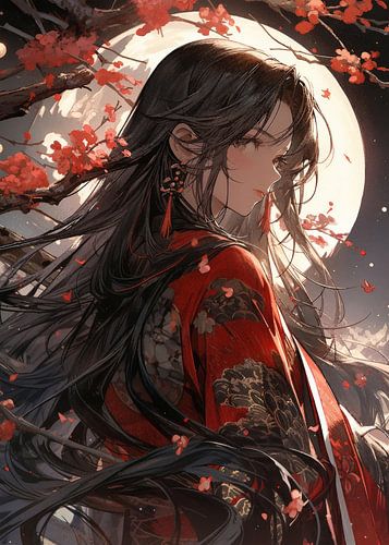 Moonlit Elegance  Crimson Kimono Dream by robby akrim