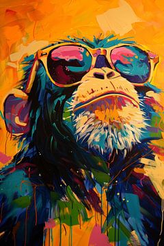 Popart chimpansee met zonnebril in felle kleuren van Lauren Wilde