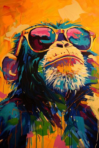 Popart chimpansee met zonnebril in felle kleuren