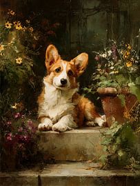 A Corgi in a country-style flower garden by Erika Kaisersot