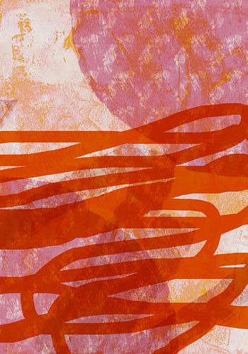 Kleurrijke abstracte kunst in oranje, roze en wit.