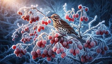 Winterzang: Vogel onder met vorst bedekte bessen van artefacti